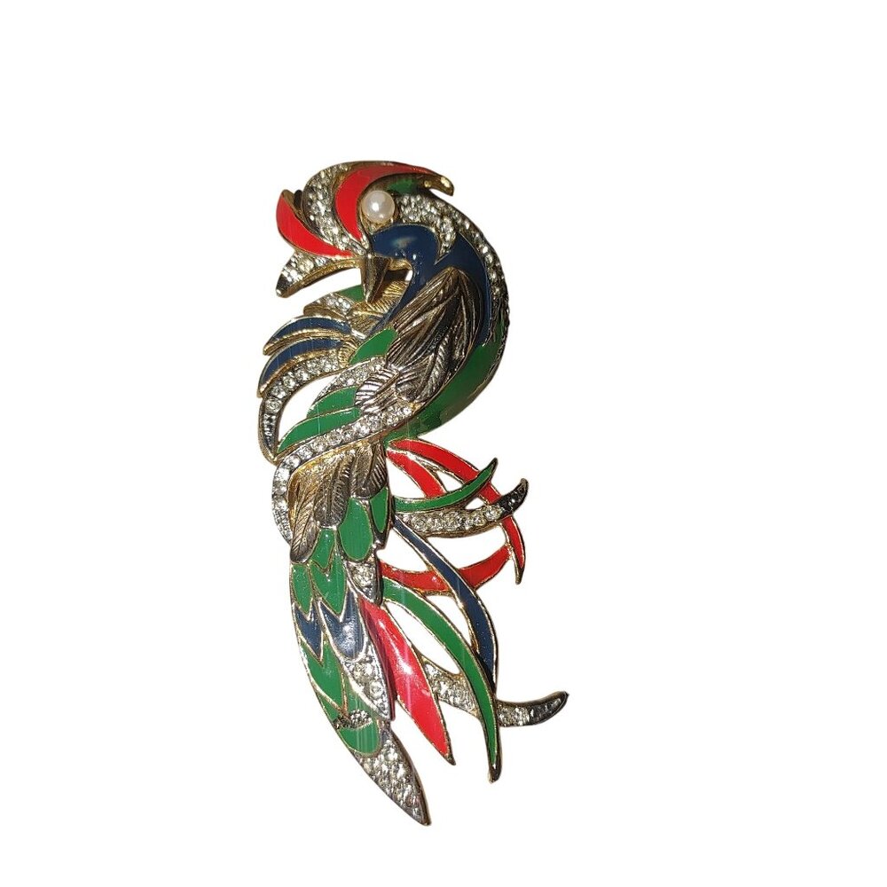 Large Long Peacock Brooch Enamel Rhinestone Pin Vintage Multicolor Gold Tone